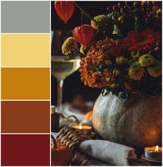 Design palette inspired by fall cozy table decoration for Thanksgiving family dinner . Designer...