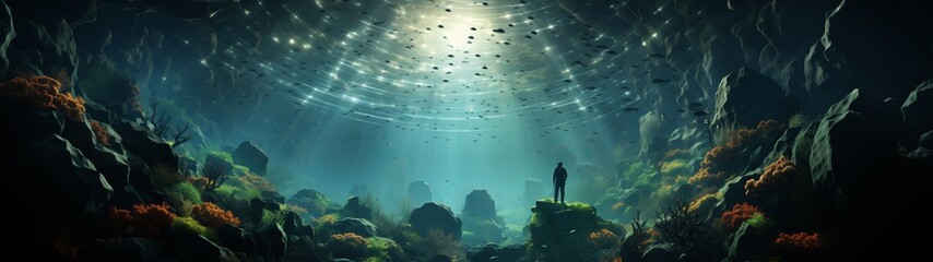 One person is swimming through a cool underwater cave, in the style of suspended/hanging, ethereal...