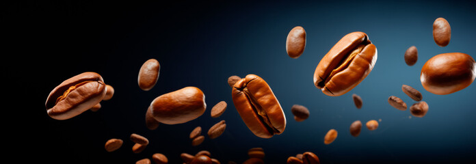 Coffee beans are shown in motion on black background, in the style of dynamic poses.