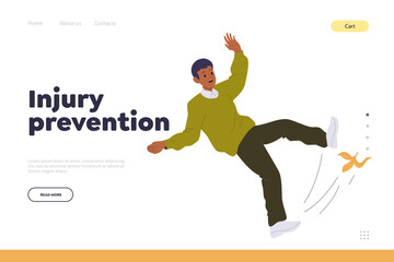 Fototapeta na wymiar Injury prevention landing page template with young man falling down slipping on banana peel