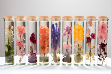 Test tubes with flowers in the laboratory. Concept of floratherapy, Bach flowers and alternative medicine - obrazy, fototapety, plakaty