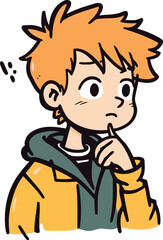 Obraz premium Illustration of a boy thinking about something with his finger on his chin