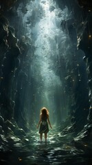 Obraz premium One person is swimming through a cool underwater cave, in the style of suspended/hanging, ethereal seascapes