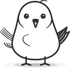 Cute cartoon bird. Black and white vector illustration isolated on white background.