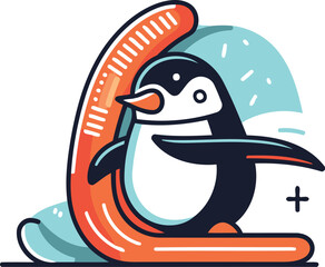 Cute penguin on a sled. Vector illustration in cartoon style.