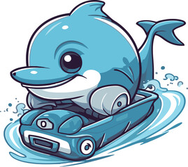 Naklejka premium Vector illustration of a cute cartoon dolphin driving a car on the water.
