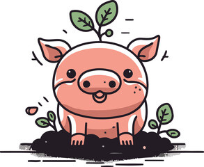 Cute cartoon pig peeking out of the ground. Vector illustration.