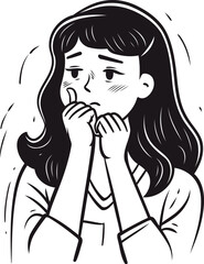 Girl thinks about something. Vector illustration in black and white style.