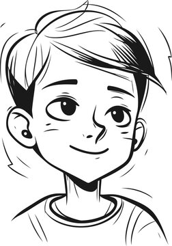 Vector black and white illustration of a boy with a smile on his face