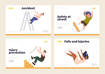 Accident protection, injury prevention, safety at street and on work landing page template set - obrazy, fototapety, plakaty