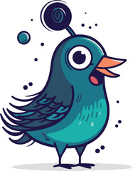 Cute cartoon blue bird with antenna. Vector illustration isolated on white background.