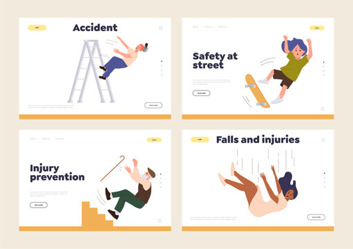 Accident protection, injury prevention, safety at street and on work landing page template set