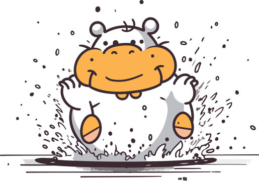 Cartoon hippopotamus with splashes of water. Vector illustration