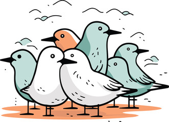 Vector illustration of a group of seagulls on white background.
