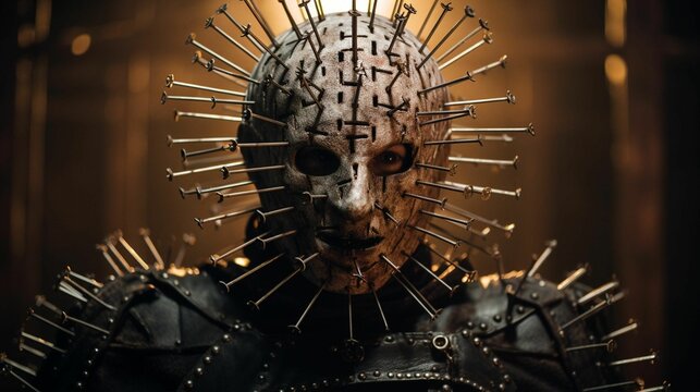 A person in a creative costume of pinheads and spiked nails stands in front of a bright yellow light