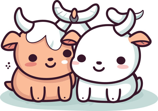 Cute cartoon cow and bull. Vector illustration on white background.