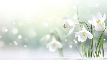 Delicate Snowdrop Flower in forest Background. Hello first Spring easter flowers. White Snowfall Beautiful blooming snowdrop flowers. for postcards, posters and wallpapers.