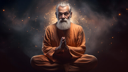 Beautiful old man meditating, his mind connected with the whole Universe. Conceptual portrait. - obrazy, fototapety, plakaty