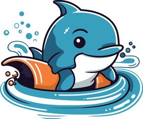 Naklejka premium Cute cartoon dolphin swimming in the sea. Vector illustration design.