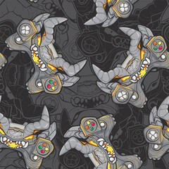Abstract seamless pattern with gamepads monster on grey digital background. Gaming repeat print with devil monsters. Gamer ornament with gamepad