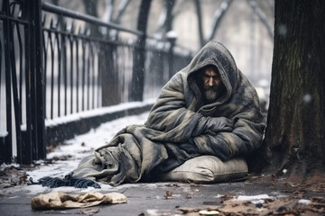Homeless beggar sitting on ground in city park. Poor, hungry, frozen, sick homeless old man on street in winter. Poverty, misery, bankruptcy, crisis, social welfare concept