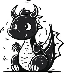 Cute cartoon dragon. Vector illustration in black and white colors.