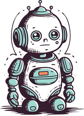 Cute little robot. Hand drawn vector illustration in cartoon style.