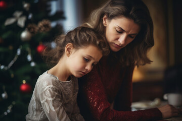 Sad Christmas at home. Upset little girl sitting at table during Christmas eve dinner, snuggled up to her mother. Solitude, loneliness, sorrow, loss, grief, divorce, family problems - obrazy, fototapety, plakaty