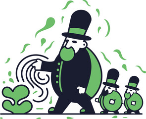 Vector illustration of a cartoon man with a beard and a mustache in a top hat walking with his children.