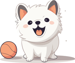 Cute white dog with ball. cartoon vector illustration isolated on white background.