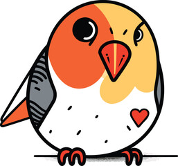 Cute cartoon bird with heart on its head. Vector illustration.