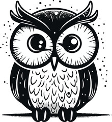 Owl. Black and white vector illustration isolated on white background.