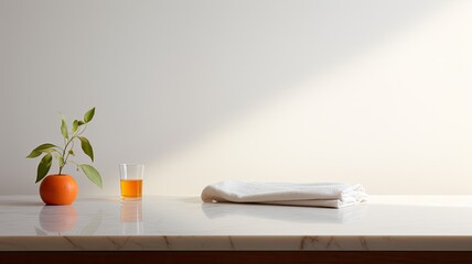 a kitchen towel placed elegantly on an empty marble countertop within a bright interior designed in a modern minimalist style, the simplicity and elegance of the scene.