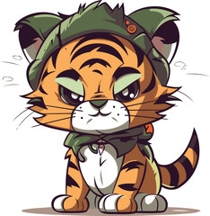 Cute cartoon tiger in a green hat and bow tie. Vector illustration.