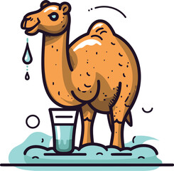 Camel drinks water from a glass. Vector illustration in cartoon style.