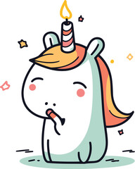 Cute unicorn with candle. Vector illustration in doodle style.
