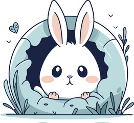 Cute bunny in a hole in the ground. Vector illustration.