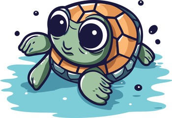 Cute cartoon turtle on the water. Vector illustration isolated on white background.