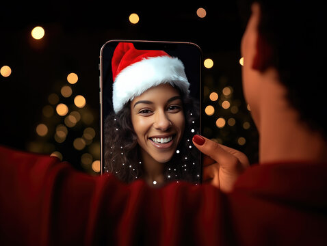 AI generation. African American woman wearing Santa hat during a Christmas video