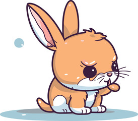 Cute cartoon rabbit sitting and holding a mouse. Vector illustration.