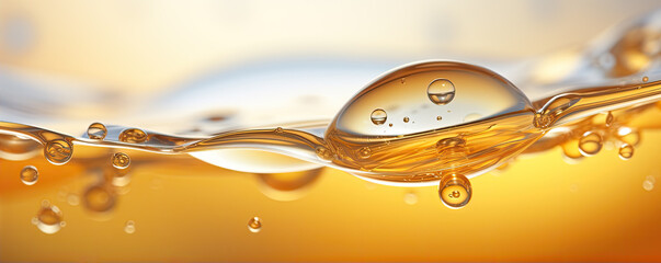 Oil bubbles of yellow and green colour of fresh olive oil. Macro photo.