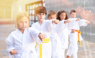 Fototapeta na wymiar Group of concentrated preteen children learning karate movements during outdoors class in schoolyard on summer day