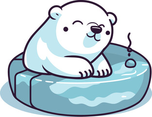 Cute cartoon polar bear sitting on an ice cube. Vector illustration.