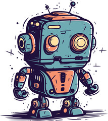 Cartoon robot. Hand drawn vector illustration. Isolated on white background.