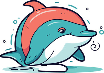 Cute cartoon dolphin. Vector illustration isolated on a white background.