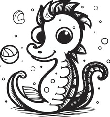 Seahorse in the sea. Black and white vector illustration.