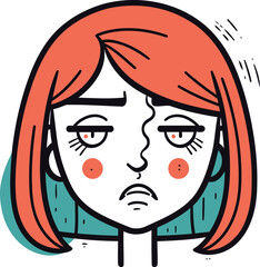Angry woman face. vector illustration in cartoon comic style. Girl with red hair.