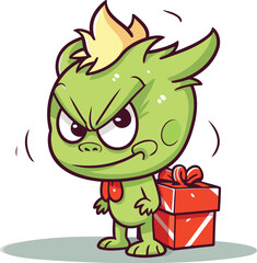Funny cartoon monster with a gift. Vector illustration isolated on white background.