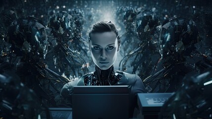 the concept where humans and artificial intelligence collaborate to solve problems, a person using intelligent AI technology to enter command prompts, enabling AI to assist in their work.