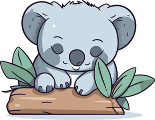 Cute koala on the log with leaves. Vector illustration.